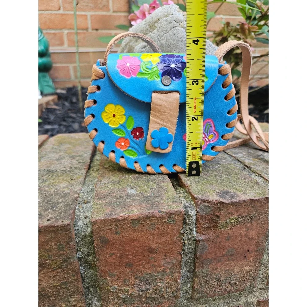 Beautiful Hand Tooled Floral Blue Leather  Mini Crossbody Childrens Satchel